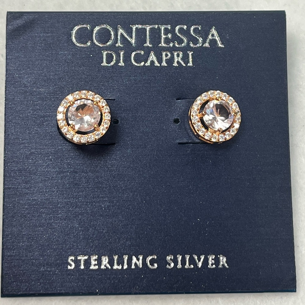 Contessa Di Capri Earrings•Sterling Silver Rose Gold Studs• Cubic Zirconia• New